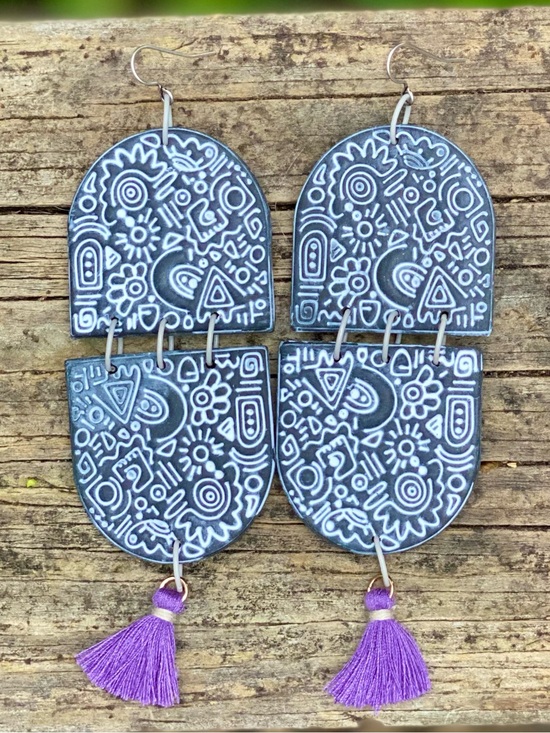 Susie quinn Jewelry - Handcrafted 
Boho Purple Tassel Dangle Earrings with White Pattern